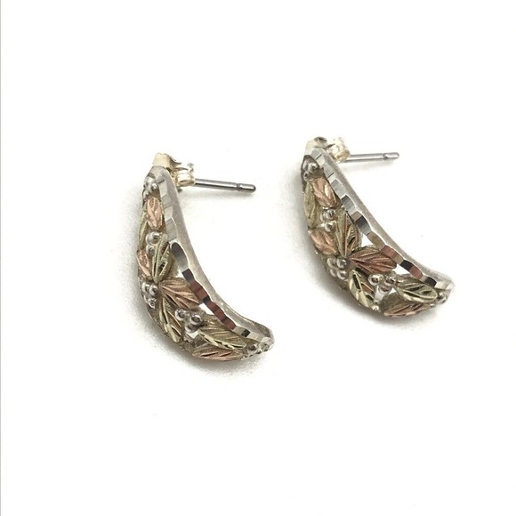 925 Sterling Silver & 10K Solid Gold Leaves Post Earrings - Picture 1 of 8